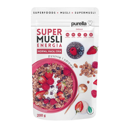 Super Müsli Energie von PURELLA FOOD in einer 200 g Packung, Nahaufnahme der Müslimischung mit Nüssen und Trockenfrüchten