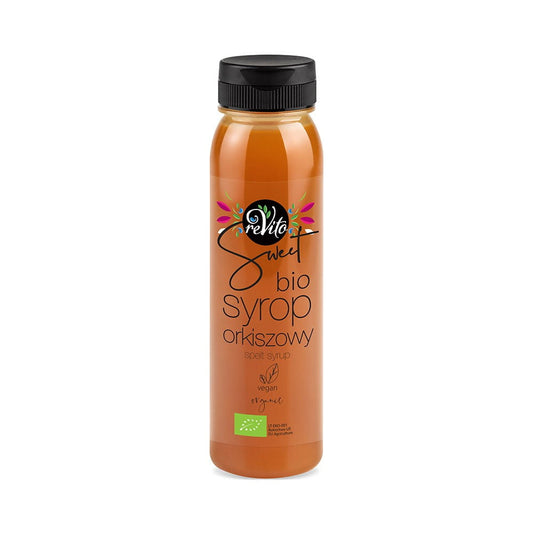 Bio Dinkelsirup von REVITO in 250 ml Flasche, goldene Farbe, ideal für Getränke und Desserts, natürlich und lecker.