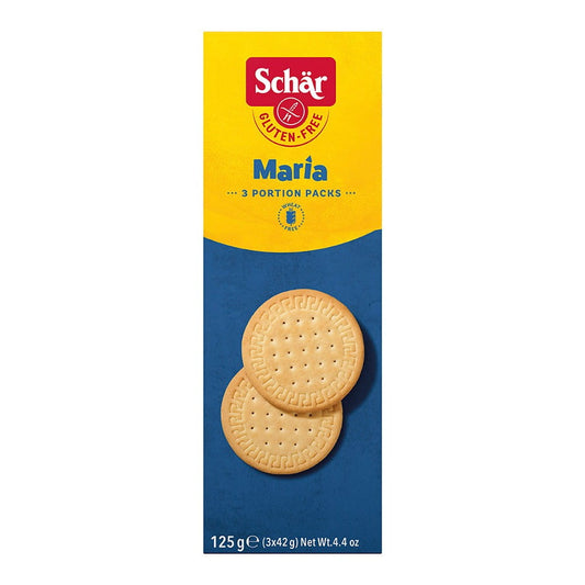 Glutenfreie Mariakekse von SCHAR in 125 g Packung, knusprige Kekse mit Mandelgeschmack auf weißem Hintergrund