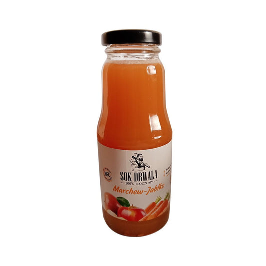 Natürlich gepresster Apfel- und Karottensaft von SOK DRWALA in 300 ml Flasche, frisch und vitaminreich.