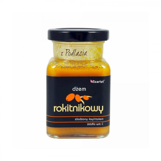 Sanddornmarmelade von SZARŁAT in 150 g Glas, gesüßt mit Xylit, zeigt fruchtige Orangefarben und enthält sichtbare Sanddornbeeren