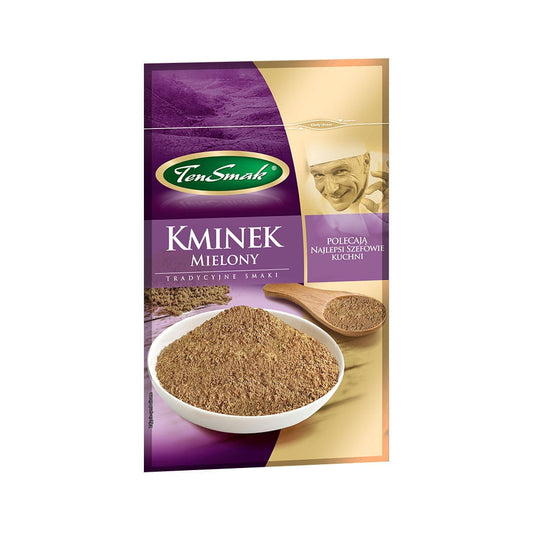 Gemahlener Kreuzkümmel von TEN SMAK, 20 g, nah aufgenommen, zeigt die feine braune Gewürzstruktur in der Verpackung