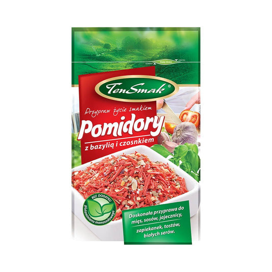 Frische Tomaten mit Basilikum und Knoblauch, 15 g, von TEN SMAK, fein gewürzt und appetitlich angerichtet.