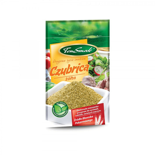 Gelbes Czubrica-Gewürz von TEN SMAK, 30 g, close-up Ansicht der Gewürzpackung mit frischen Kräutern und Gewürzstücken.