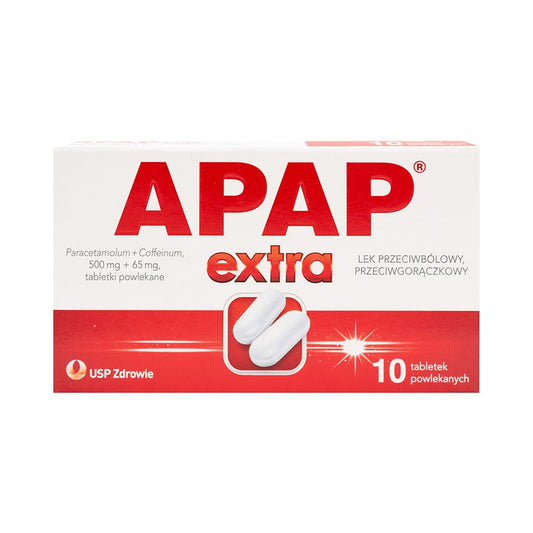 Apap Extra 10 Tabletten von USP, weiße Tabletten in einer Blisterpackung, pharmazeutische Schmerztabletten.