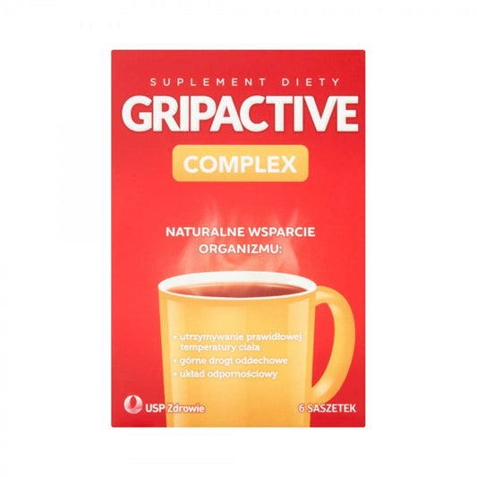 USP Gripactive Komplex für die oberen Atemwege, 6 Beutel, zeigt die Verpackung mit Beuteln und Produktinformationen.