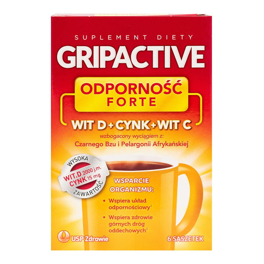 Gripaktiver Widerstand FORTE von USP, Vitamin D, Zink und Vitamin C in 6 Beuteln, gesundheitsfördernd, praktische Verpackung.