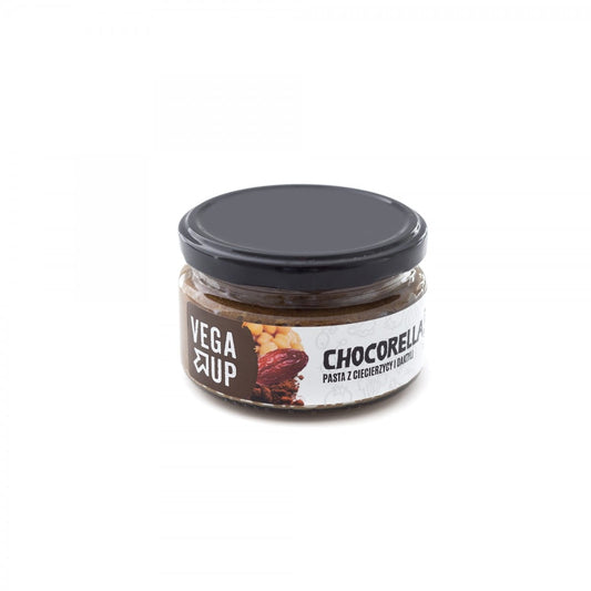 Chocorella-Paste von VEGA UP aus Kichererbsen und Datteln, 200 g, cremige vegane Nutella-Alternative in Glas.
