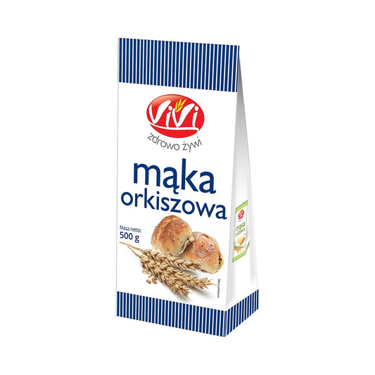 Dinkelmehl 500 g von VIVI, hellbraunes Mehl in einer transparenten Verpackung, ideal für Backrezepte