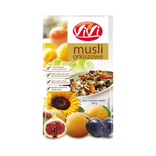 Dinkelmüsli von VIVI in 300 g Verpackung, zeigt die Mischung aus getrockneten Dinkelkörnern, ideal für ein gesundes Frühstück.
