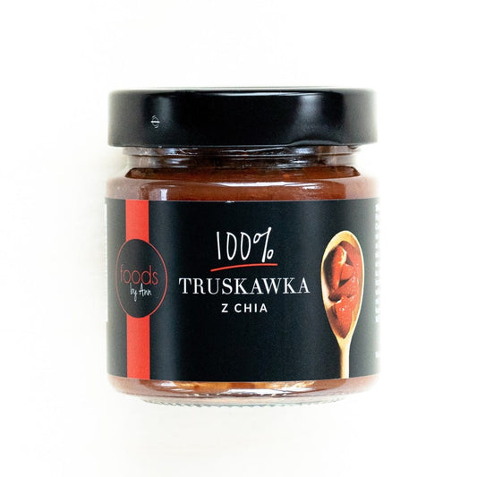 Erdbeermarmelade mit Chiasamen in 200 g Glas, von FOODS BY ANN, zeigt frische Erdbeeren und Chiasamen im Glas.