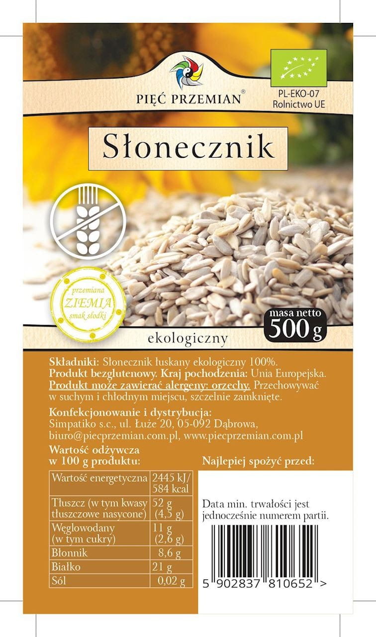 Glutenfreie Sonnenblumenkerne BIO 500g FÜNF ÄNDERUNGEN