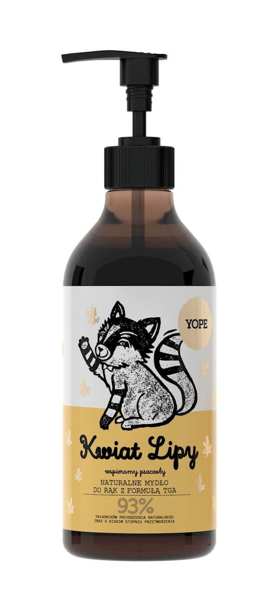 Flüssigseife Lindenblüte von YOPE in 500ml Flasche, mit natürlicher Lindenblüten-Formel, zeigt die Seifenflasche mit Lindenblüten.