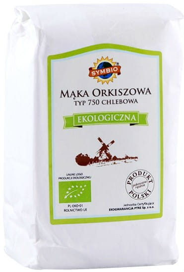 Vollbild eines 1 kg Pakets Dinkelmehl Typ 750 von SYMBIO, Bio-Qualität für Brotbacken, auf weißem Hintergrund.