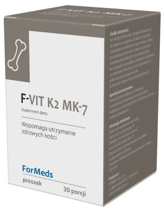 Vitamin K2 MK-7 von FORMEDS in einer 30-portionen Packung, 100 mcg, Flasche mit 48 g Inhalt, zeigt die Kapsel.