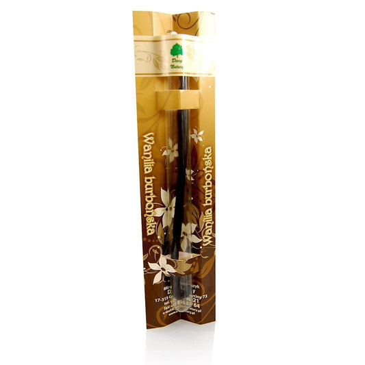 Vanillezucker in 3g Verpackung von DARY NATURY, als Geschenk der Natur, zeigt die Vanilleschote und Verpackung vor weißem Hintergrund