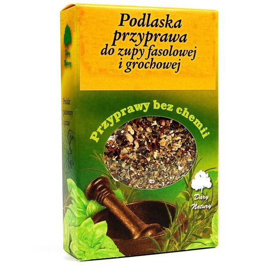 Bohnen-Erbsen-Suppengewürz von DARY NATURY, 60g, close-up auf der Verpackung mit frischen Bohnen und Erbsen im Hintergrund