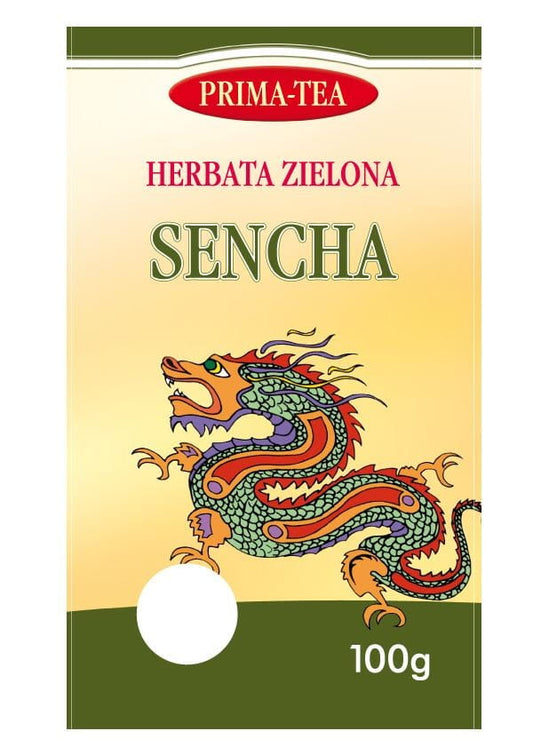 Grüner Sencha Tee von PRIMA-TEA, 100 g Packung, frisch und aromatisch, zeigt grünen Teeblätter in einer Packung.