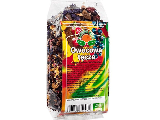 Regenbogen-Früchtetee von NATURA-WITA in 100g Verpackung mit bunten Fruchtstücken und natürlichen Zutaten.