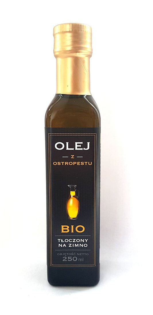 Bio Mariendistelöl von PIĘĆ PRZEMIAN, 250ml Flasche, Nahaufnahme der Flasche mit Etikett, reines pflanzliches Öl