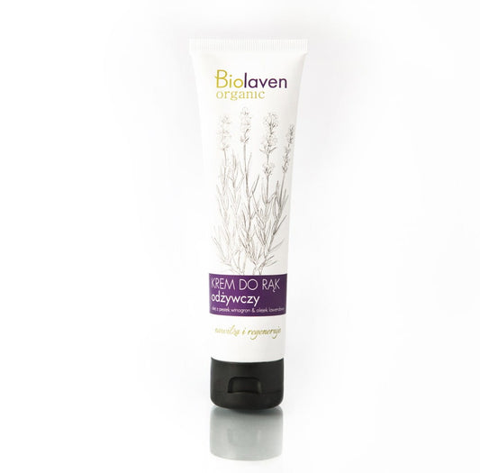 Handcreme von BIOLAVEN in 100 ml Tube, cremige Textur und natürliche Inhaltsstoffe, zeigt eine geöffnete Tube auf weißem Hintergrund.