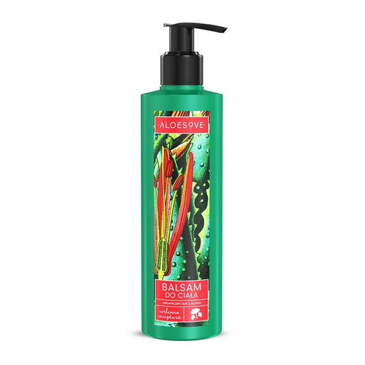 Flasche mit 250 ml ALOESOVE-Körperlotion von SYLVECO, cremige Lotion in transparenter Flasche mit grünem Verschluss