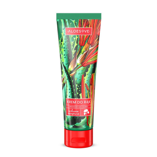 Handcreme von ALOESOVE mit 100 ml, pflegt und spendet Feuchtigkeit, zeigt die Creme in der Tube vor einem weißen Hintergrund