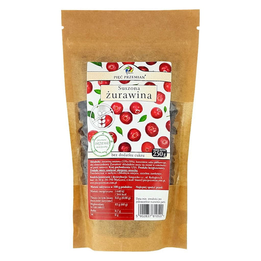 Getrocknete Cranberries mit Apfelsaft gesüßt, glutenfrei, geschnitten, 250g, von PIĘĆ PRZEMIAN.
