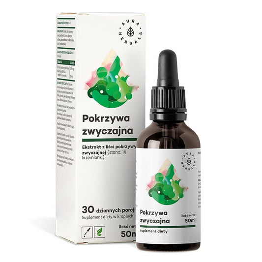 Brennnessel-Blattextrakt in Tropfen von AURA HERBALS, 50 ml Flasche mit grünen Brennnesselblättern im Flaschenhals