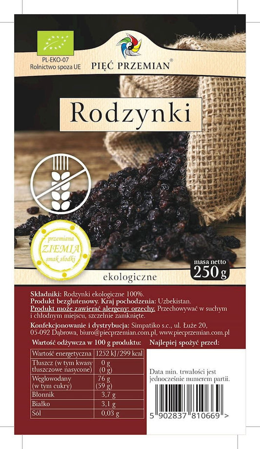 Bio glutenfreie Rosinen von PIĘĆ PRZEMIAN, 250g, getrocknete, saftige und natürliche Früchte in einer sicheren Verpackung