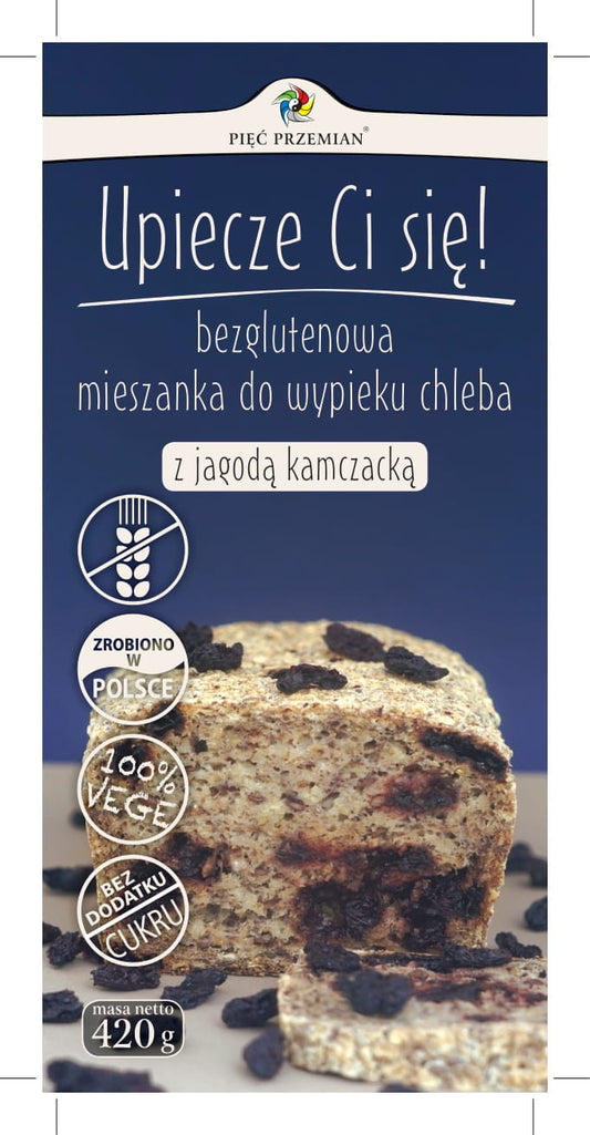 Glutenfreie Brotbackmischung mit Kamtschatka-Beere von PIĘĆ PRZEMIAN, 420g, in einer offenen Verpackung.