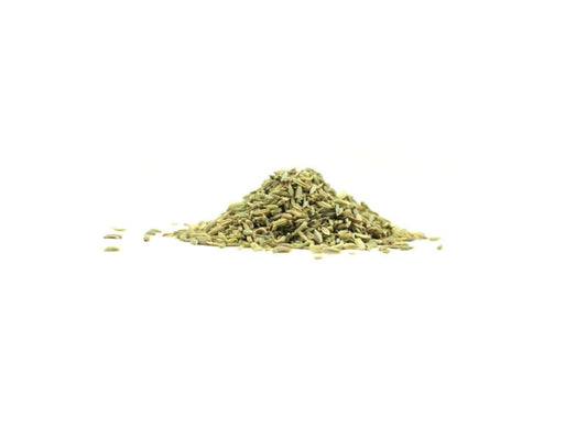 Fenchel-Körner in einer transparenten Schale, VIVIO, 50g, Nahaufnahme von Fenchelkörnern auf weißem Hintergrund
