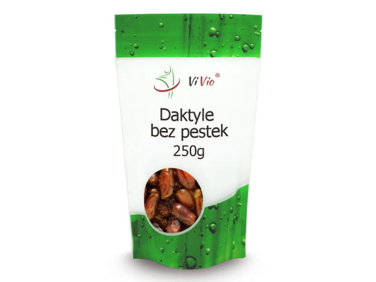 Datteln 250g von VIVIO, saftige und saubere Datteln in einer transparenten Packung, close-up Ansicht