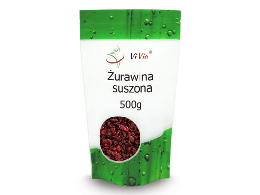 Getrocknete Preiselbeeren von VIVIO in 500g Verpackung, frische und saftige Beeren zum Naschen oder Kochen.