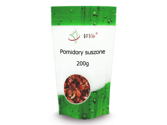 Getrocknete Tomaten in 200g Packung von VIVIO, saftig und aromatisch, auf einem weißen Teller präsentiert