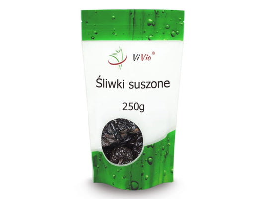 Getrocknete Pflaumen von VIVIO, 250g, Nahaufnahme der getrockneten Pflaumen auf einem weißen Hintergrund.