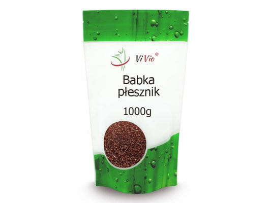 VIVIO Flohsamenkorn 1000g, Nahaufnahme der weißen, getrockneten Flohsamen in einer transparenten Verpackung.