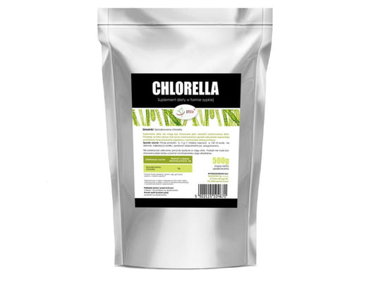 VIVIO Chlorellapulver in 500g Packung, grünes Superfood Pulver für Gesundheit und Vitalität, Nahaufnahme der Verpackung