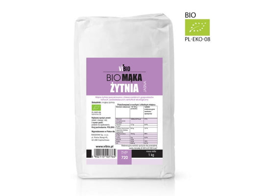 BIO Roggenmehl 720 von VIBIO in einer Schüssel, körniges Mehl mit goldbrauner Farbe für Backrezepte