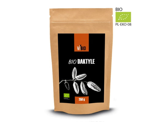 Datteln von VIBIO, BIO-zertifiziert, in 250g Verpackung, frische und saftige Bio-Datteln auf einem weißen Hintergrund