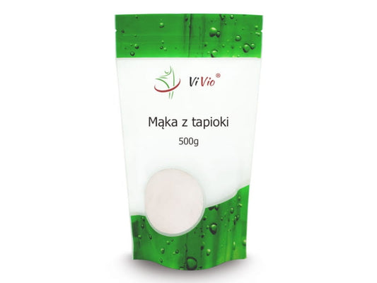 Tapiokamehl in 500g Packung von VIVIO, feines weißes Mehl für Kochen und Backen, auf weißem Hintergrund.