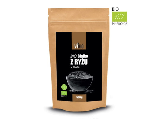 BIO Reisprotein von VIBIO in 500g Packung, feines, naturbelassenes Reisprotein für gesunde Ernährung, sichtbar in der Verpackung