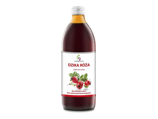 Hagebuttensaft von Symbiotics in 500 ml Flasche, frisch und naturbelassen, zeigt die rohen Hagebutten im Bild.