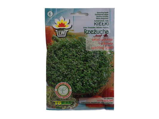 Kressesamen für Sprossen, 30g, TORAF, frische grüne Samen für gesunde Sprossenzucht, Nahaufnahme von Samen in Verpackung