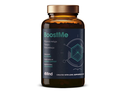 Healthlabs 4mind BoostMe 120 Kapseln, nährstoffreiche Nahrungsergänzung für geistige Leistungsfähigkeit, in einer offenen Packung.