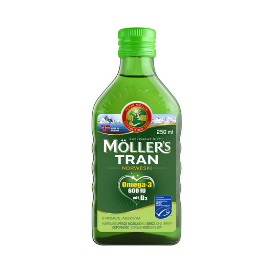 Norwegisches Apfelöl von MOLLER'S MOLLERS in 250 ml Flasche, naturbelassen und frisch.