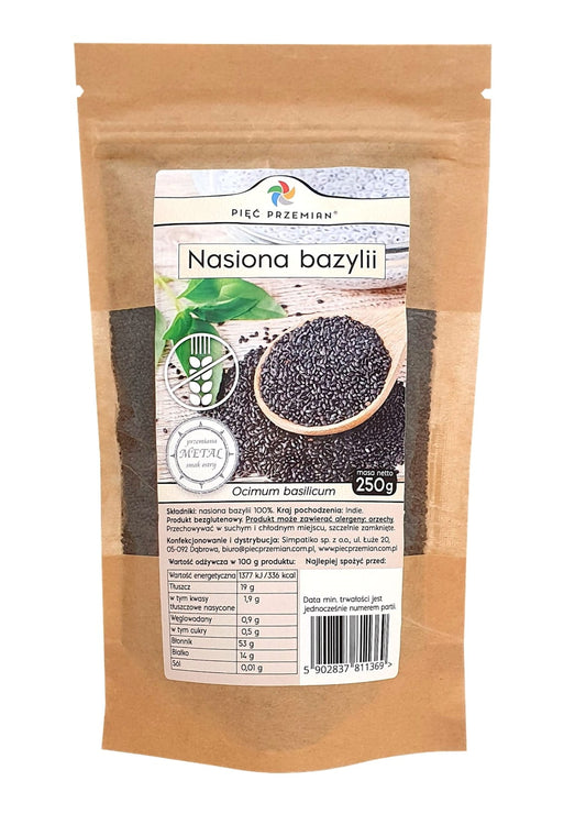 Basilikumsamen in 250g Packung von PIĘĆ PRZEMIAN, frische Kräutersamen für den Anbau im Garten oder auf der Fensterbank.