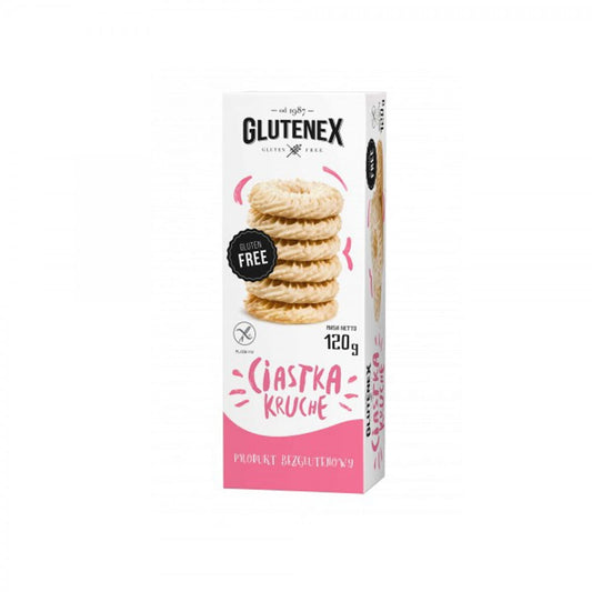 Glutenfreie Mürbekekse von Glutenex, 120 g, knusprige Kekse auf einem Teller, ideal für glutenfreie Ernährung.
