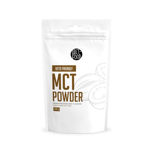 MCT-Kokosöl Pulver in 100 g Dose, glutenfrei, für Diät und Ernährung, von Diet-Food.pl, sichtbare Verpackung und Pulverform