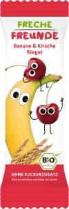 Bananen-Müsliriegel mit Kirsche von Erdbar, 4x23g, Bio-Qualität, zeigt die Riegel mit Kirschen und Bananen auf der Verpackung